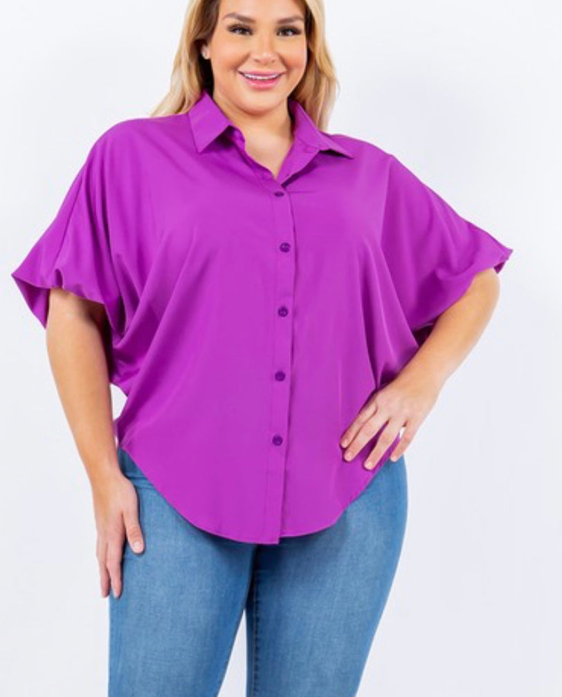 Curvy purple button down blouse
