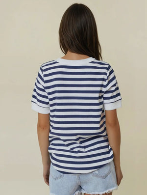 Navy and white striped vneck knit top