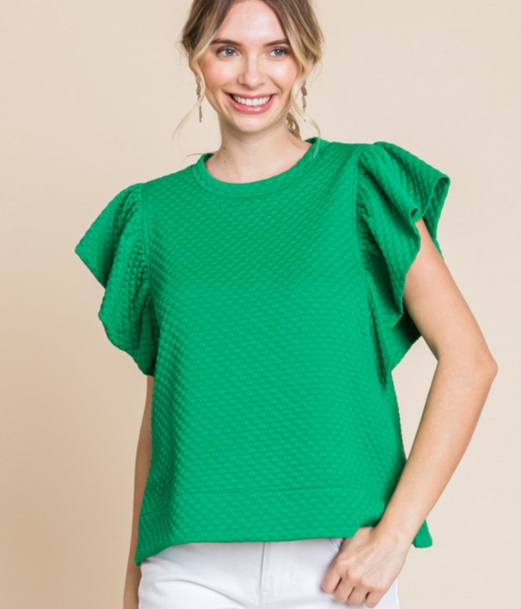 Kelly green knit textured top with ruffled sleeves