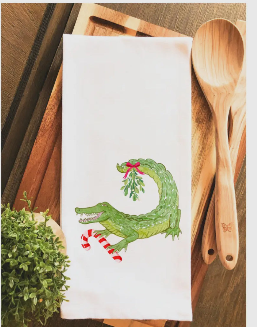 Mistletoe Christmas Alligator tea towel