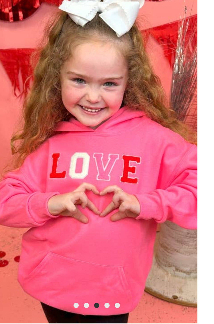Youth Safety pink chenille LOVE hooded sweatshirt