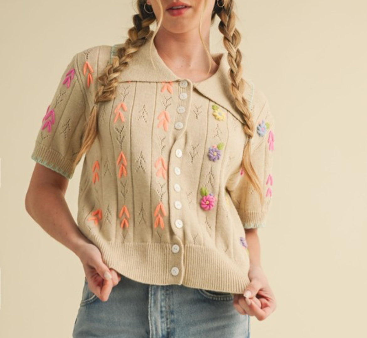 Beige knit embroidery sweater , chenille soft