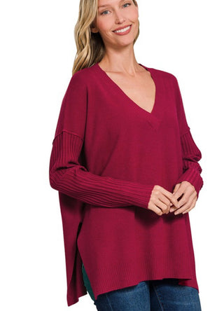 Cabernet Viscose ribbed hem and sleeve sweater w/side slits