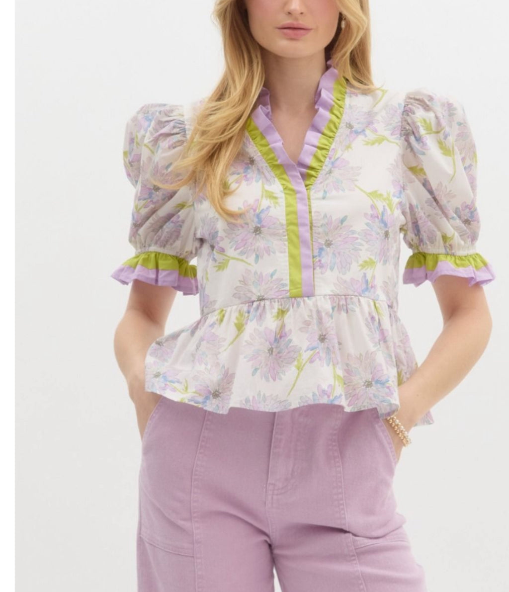 Lime/lavendar blouse with ruffle accent