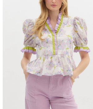 Lime/lavendar blouse with ruffle accent