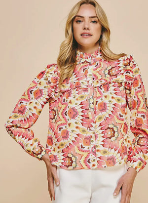 Coral print button down top w/ruffle accent