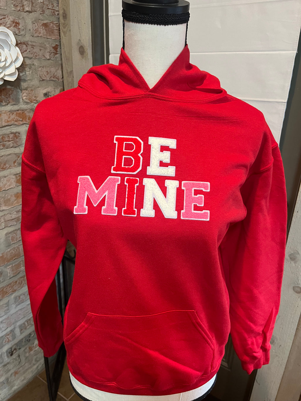Youth Safety Red chenille BE MINE hooded sweatshirt