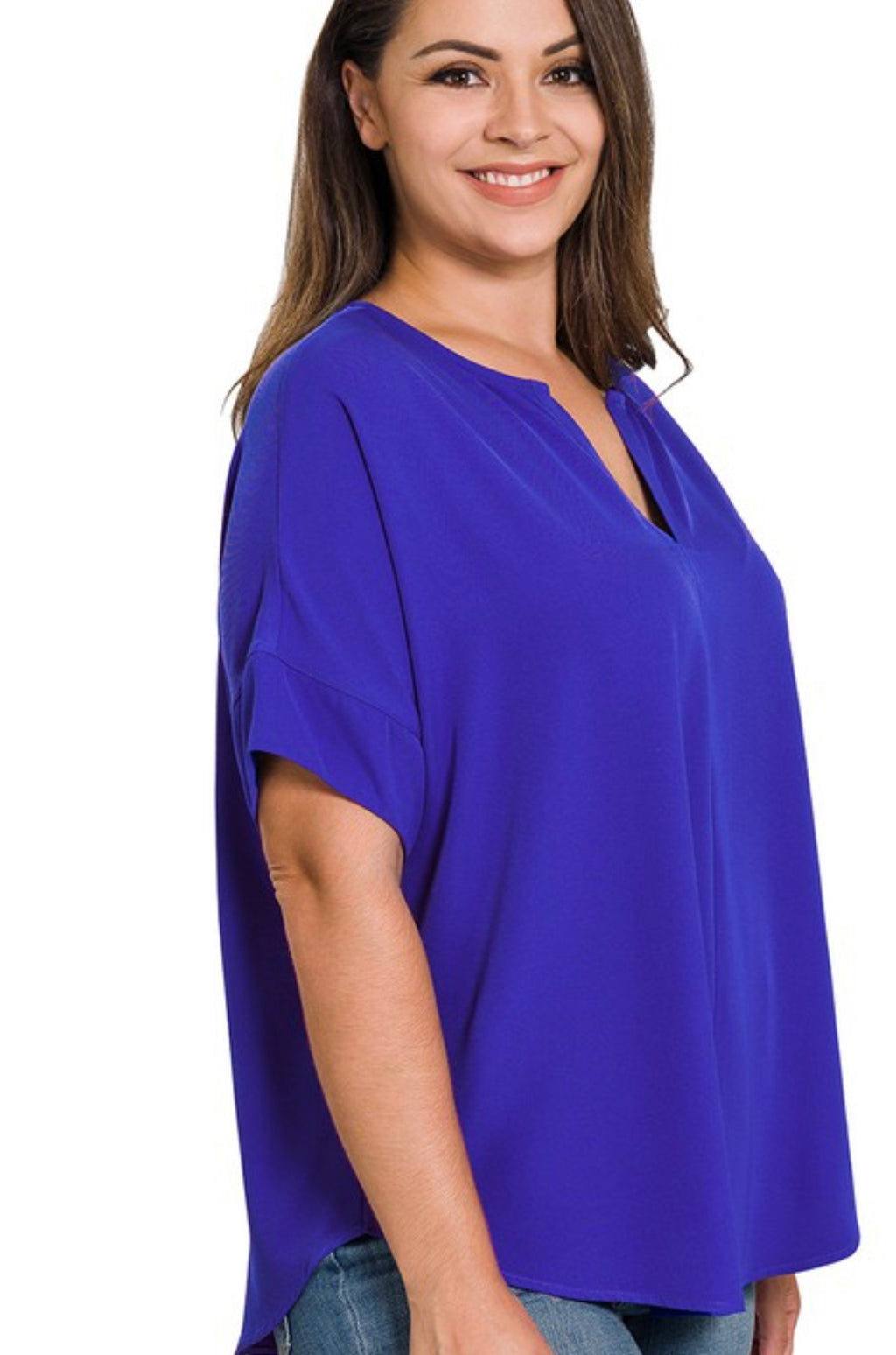 Curvy Bright blue woven split neck top