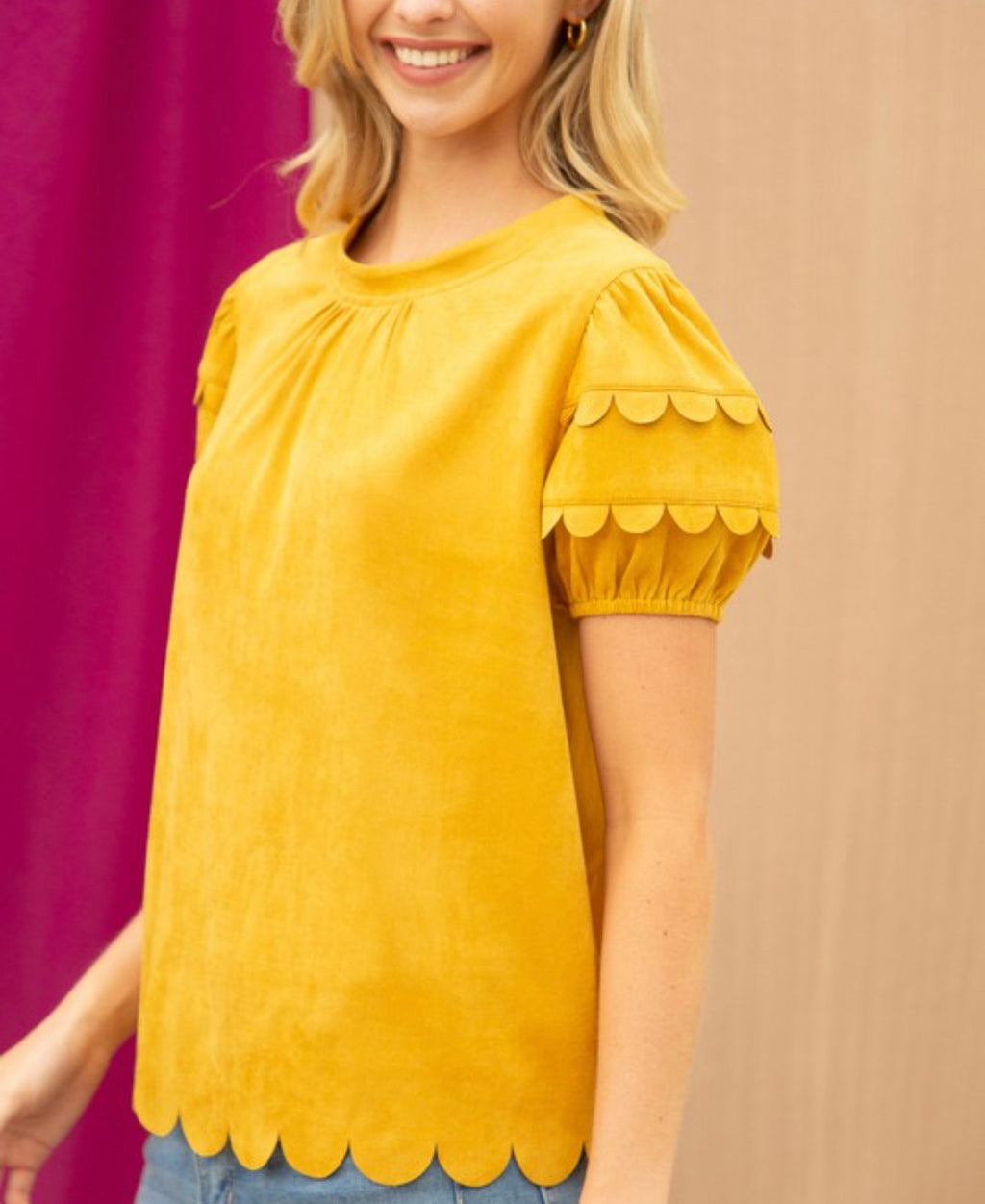 Mustard suede scallop top w/puff sleeve